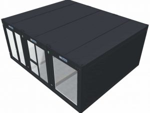3D-Visualisierung einer schwarzen Containeranlage von Neubach Container – modulare Einheit mit Glasfronten in Perspektivansicht
