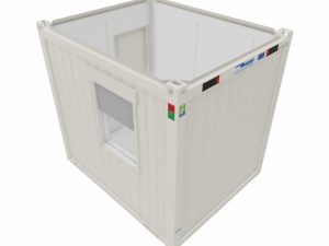 3D-Darstellung eines weißen Container von Neubach Container – mit Fenster und Rollladen, perspektivische Außenansicht